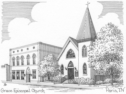 Line drawing illustration showing exterior of church