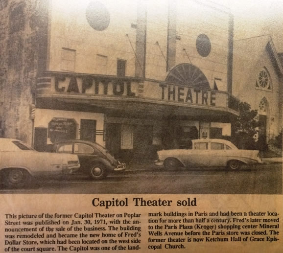 Newspaper clipping shows the Capitol Theatre when it was sold to the church.